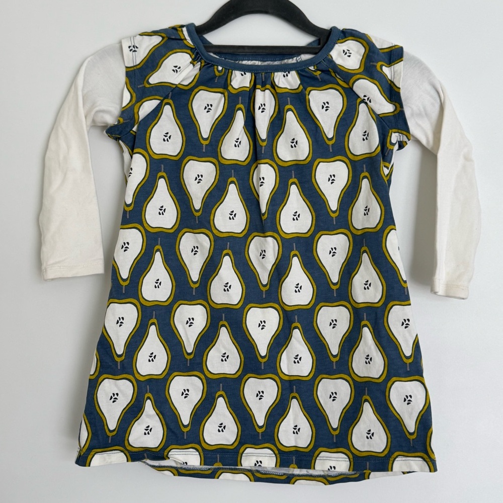 Tea Collection Girls Pear Novelty Print Ling Sleeve Mini Dress Cotton Blue White